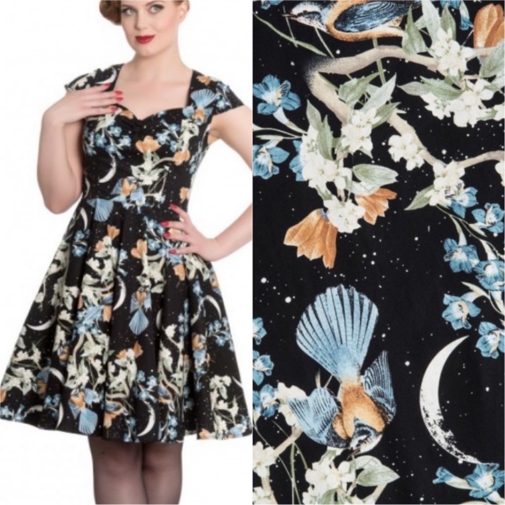 Small NWT Hell Bunny Moonlight Midnight Floral Bird Retro Whimsigoth Dress